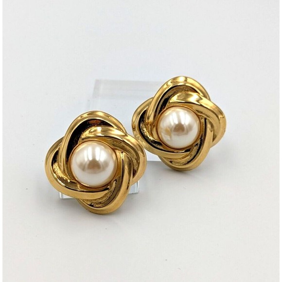 Vintage Givenchy Gold Tone Faux Pearl Statement Clip On Earrings 80's Marked - Picture 7 of 15